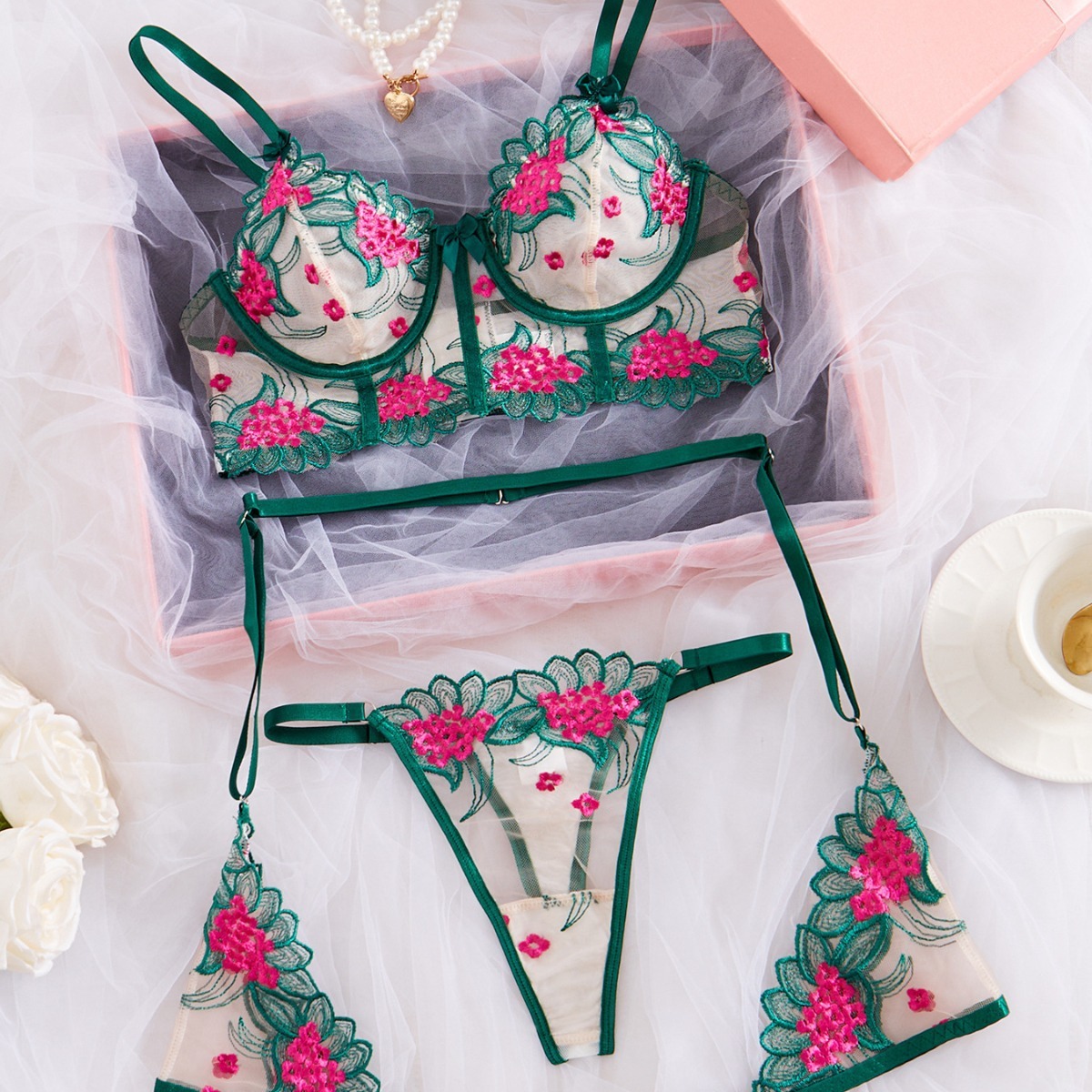 Emerald Rose Embroidered Luxury Lingerie Set